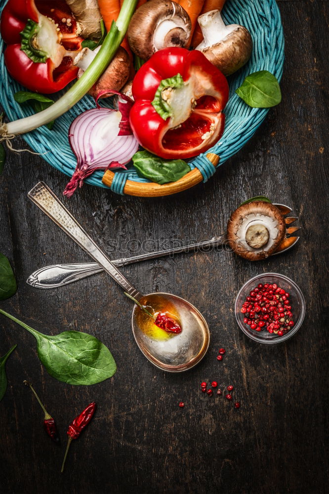 Image, Stock Photo Fresh vegetables in basket, cooking spoon with oil