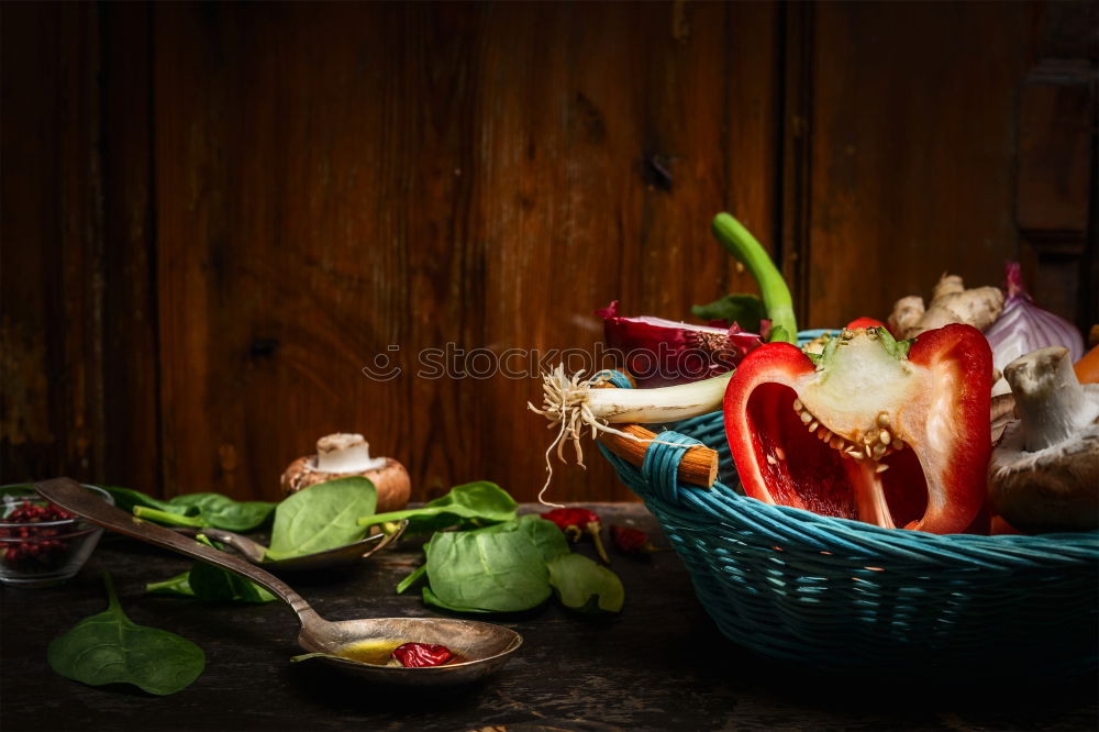 Image, Stock Photo Fresh vegetables in blue basket, spoon and ingredients