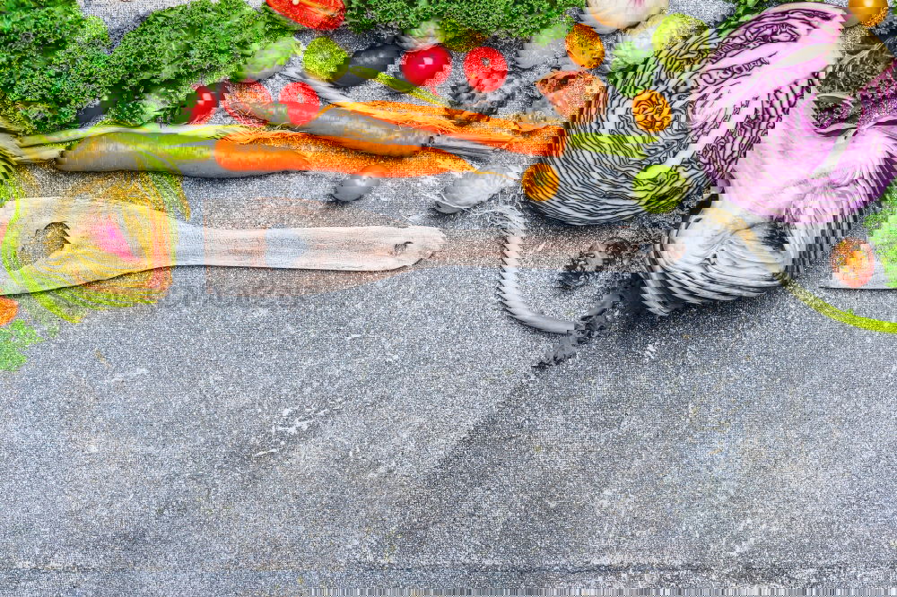 Image, Stock Photo Fresh vegetable ingredients and cooking spoon