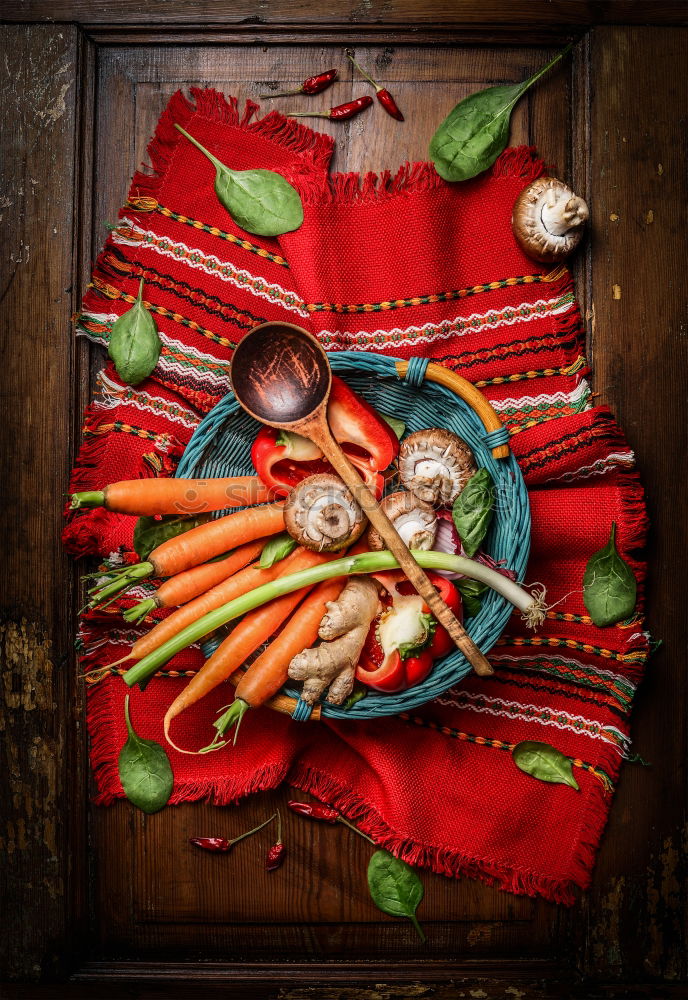 Similar – Image, Stock Photo Fresh vegetables around chopping board with cooking spoon