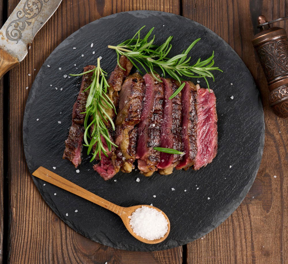 Similar – Image, Stock Photo Hip steak , medium fried with salsa sauce