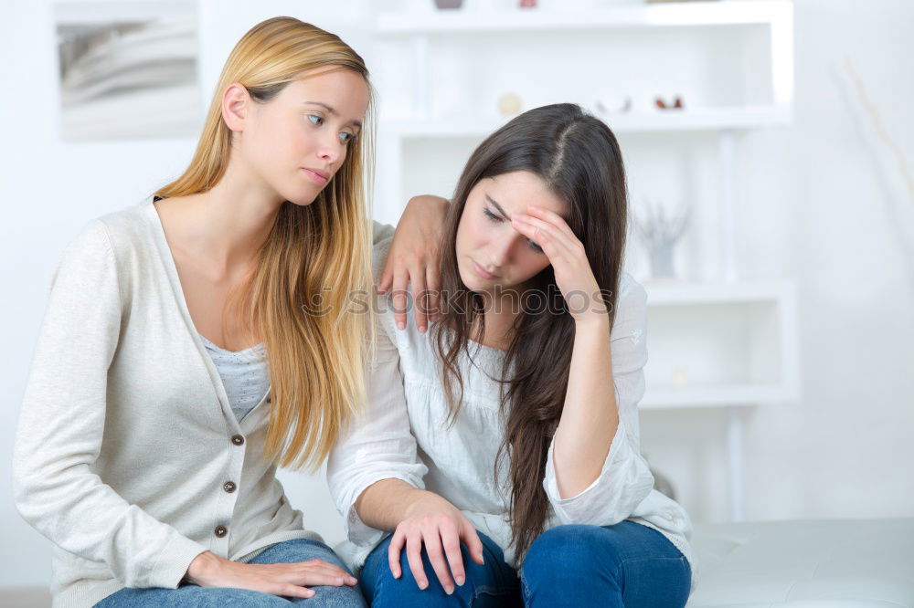Similar – Image, Stock Photo sad daughter hugging his mother at home. Concept of couple family is in sorrow.
