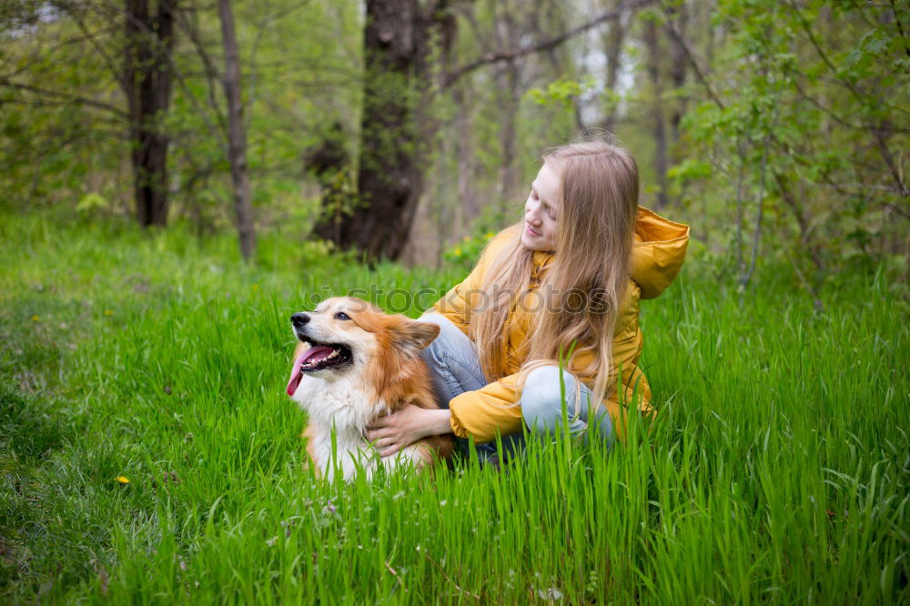 Similar – Image, Stock Photo analog medium format photo: young blond Labrador in forest with tall dark haired woman with wild curls smiling at camera