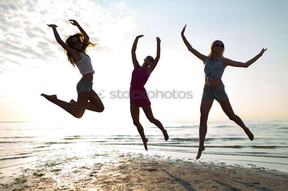 Similar – Image, Stock Photo Group of happy friends celebrating with drinks in sunset