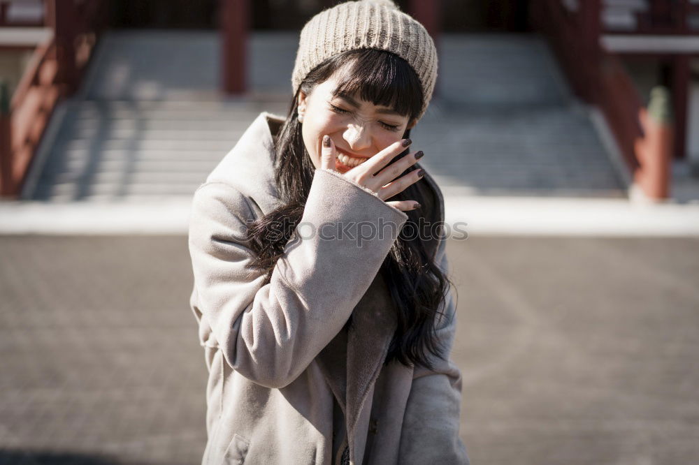 Similar – Image, Stock Photo Young girl with closed eyes wearing hat and scarf