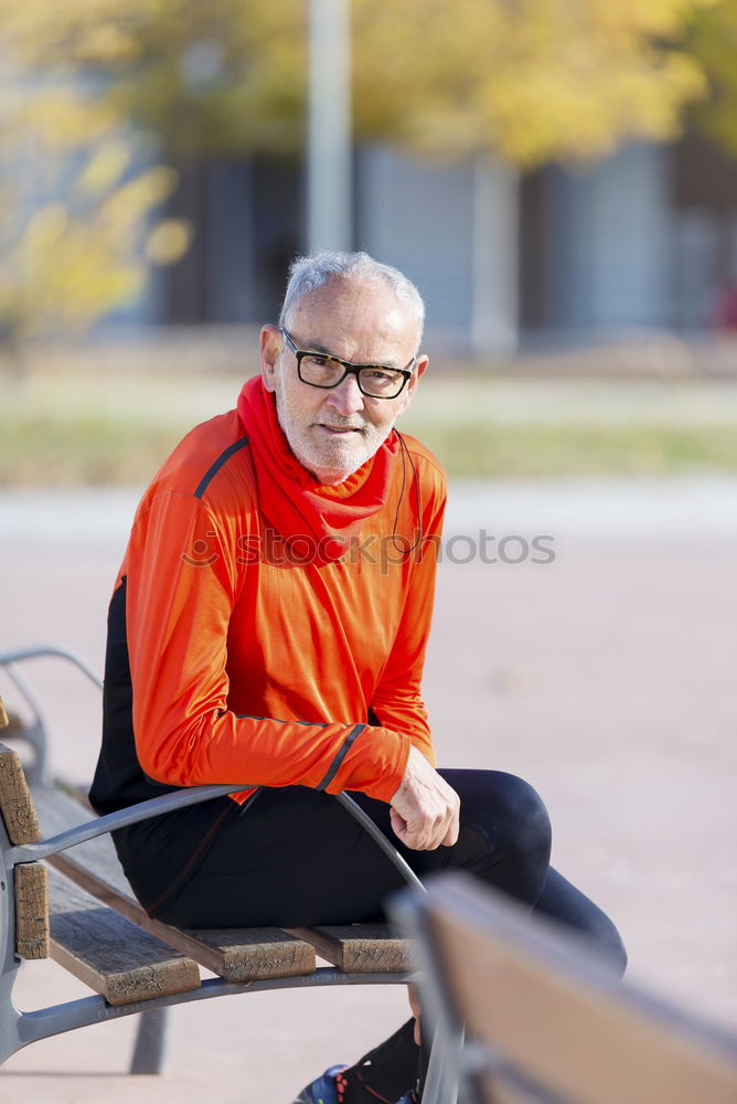 Similar – Image, Stock Photo Front view of one senior man wearing sportswear and eyeglasses