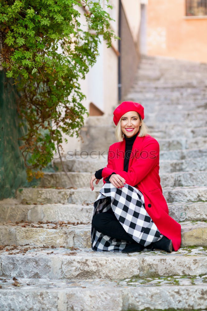 Similar – Image, Stock Photo Happy young woman laughing on steps in the street.