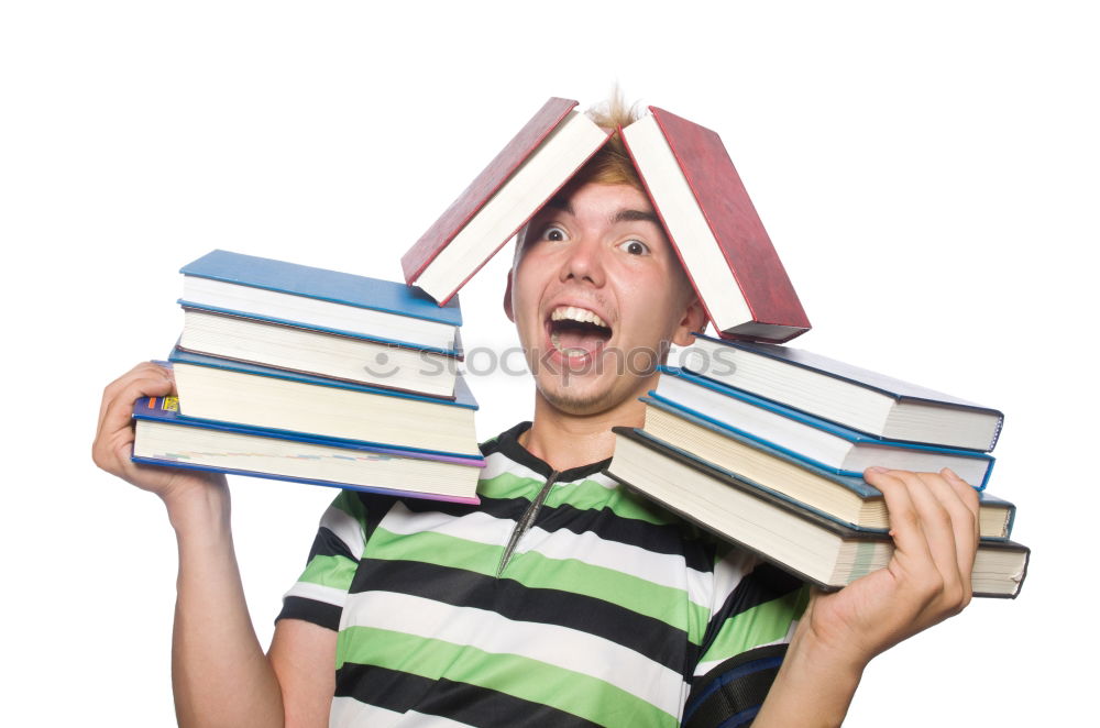 Image, Stock Photo happy and smiling child with book on head