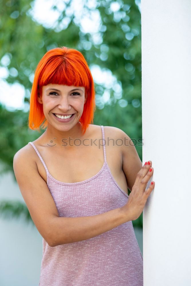 Similar – Image, Stock Photo Happy red hair woman in a park