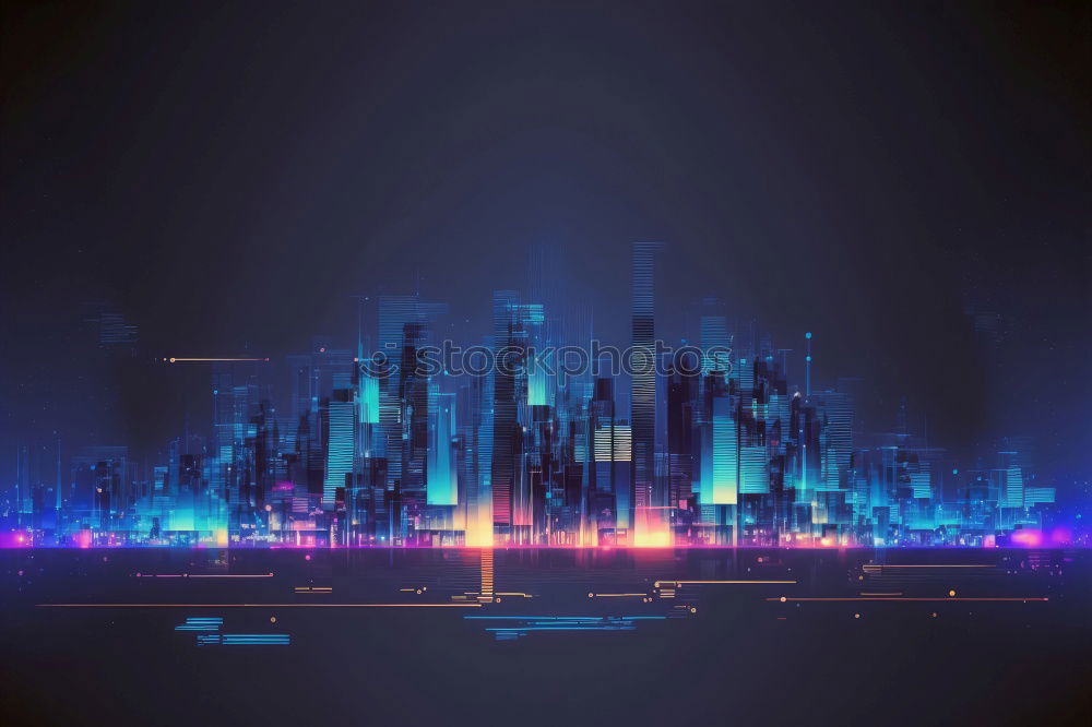 Similar – Cityscape of modern buildings in the city night background with digital glitch effect