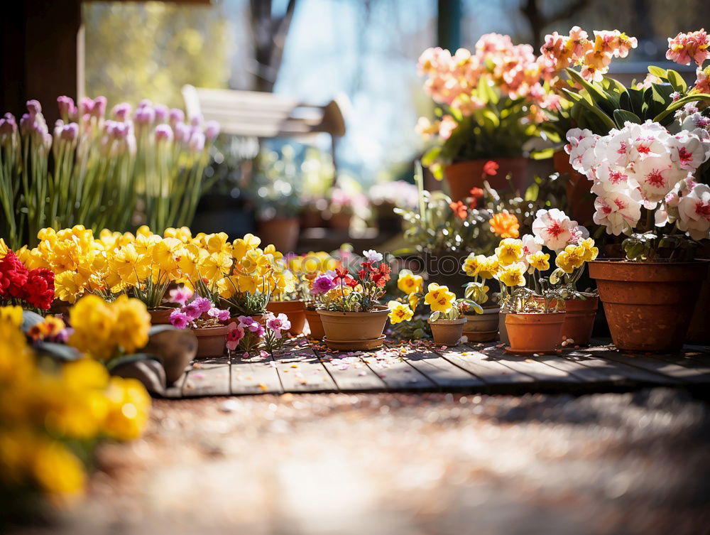 Similar – Image, Stock Photo Flower pots stand on a stone staircase on the steps at the side of the road. A garden bench stands behind it. It is autumn.