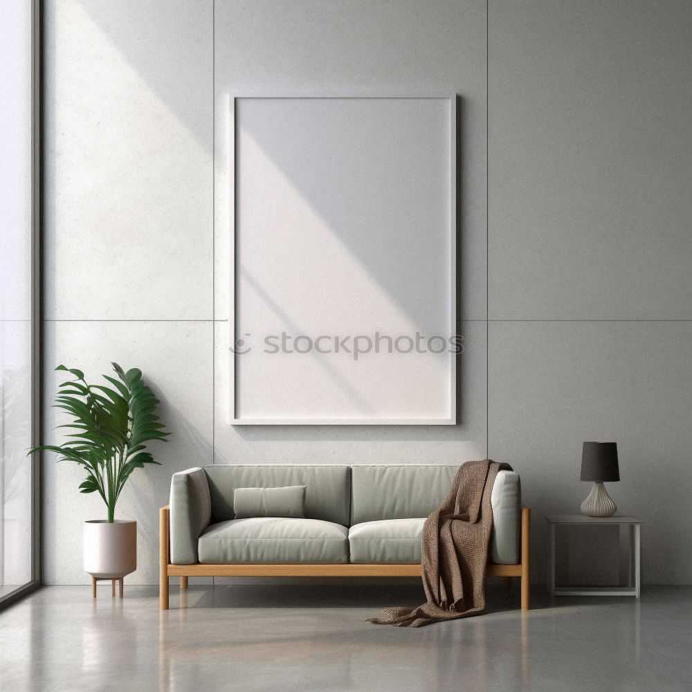 Similar – Stilvolle minimalistische Einrichtung des Wohnzimmers in Grau. Sofa mit Plaid, Stehlampe, beige Teppich und Mockup weißen Rahmen an der Wand