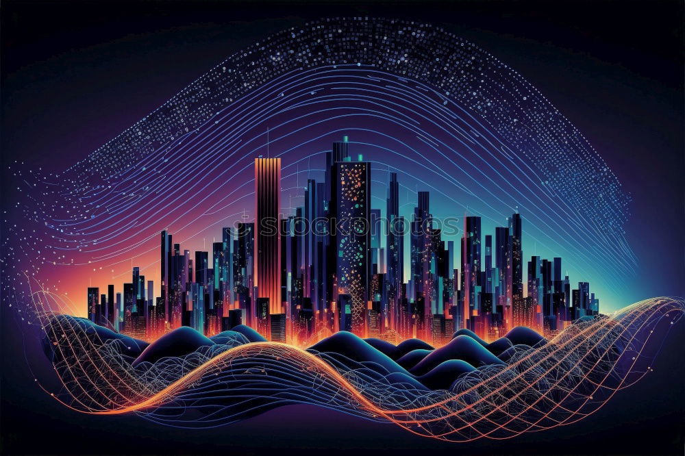 Similar – Image, Stock Photo Cityscape of modern buildings in the city night background with digital glitch effect