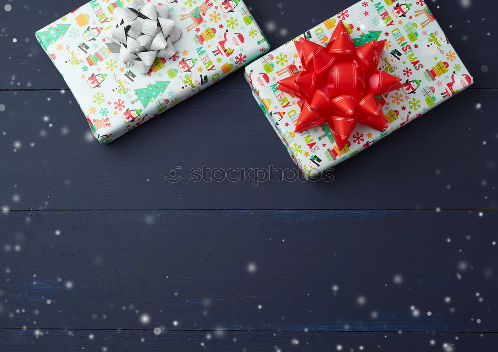 Image, Stock Photo Surprise l many, colorful, wrapped Christmas parcels & mushrooms, lying on old rustic wooden table as decoration and ornamentation. Small Christmas presents wrapped in wrapping paper with a Christmas motif are waiting to be unwrapped under the Christmas tree.