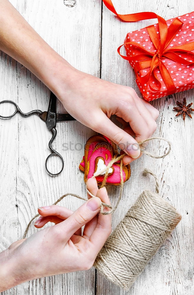 Similar – Image, Stock Photo Girl making Christmas ball pinning the sequins onto the ball