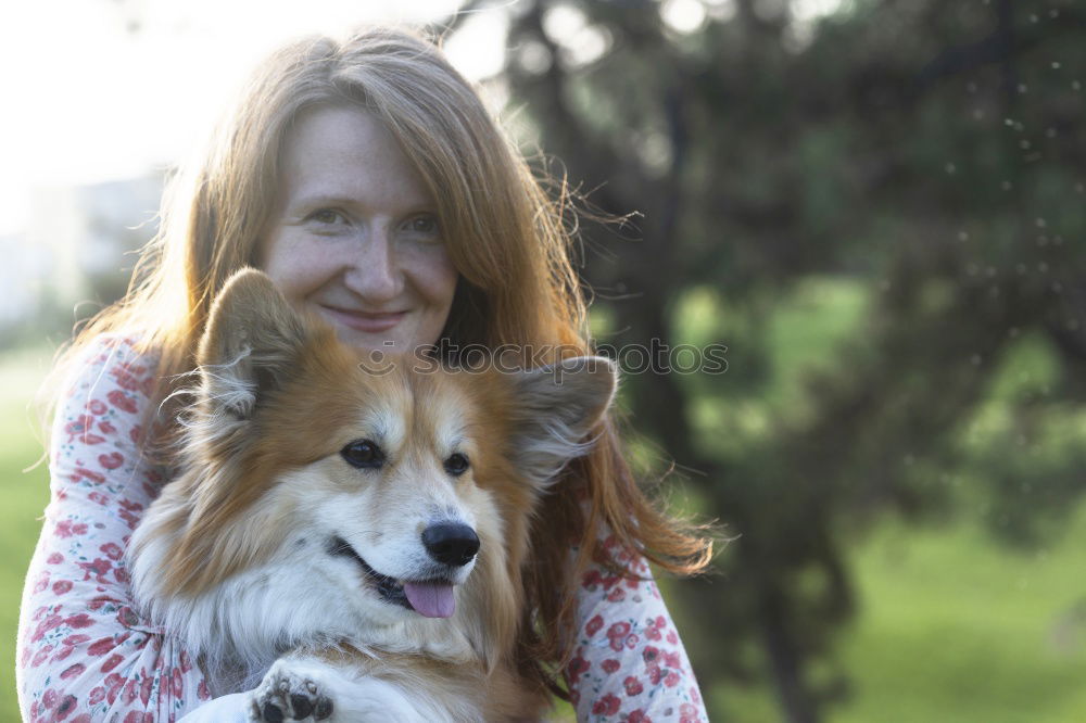 Similar – Image, Stock Photo analog medium format photo: young blond Labrador in forest with tall dark haired woman with wild curls smiling at camera