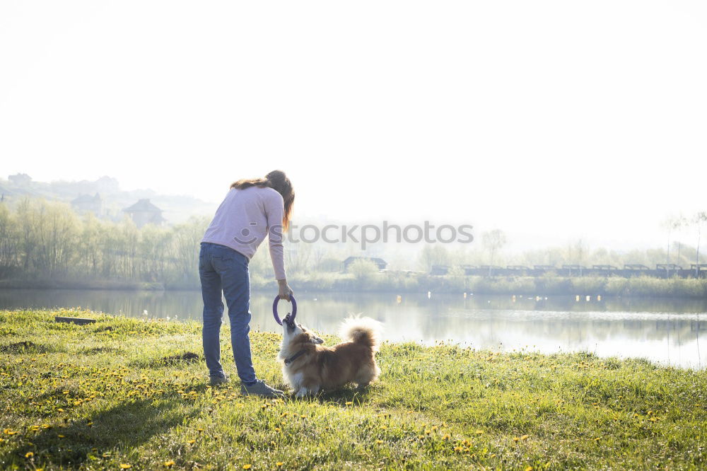 Similar – happy child girl walking country road with her dog