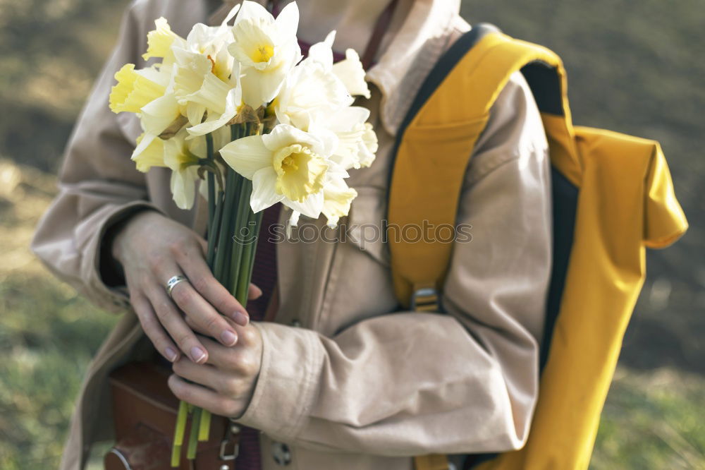 Similar – Image, Stock Photo Woman dressed in red sitting on a meadow and looking for something in her handbag