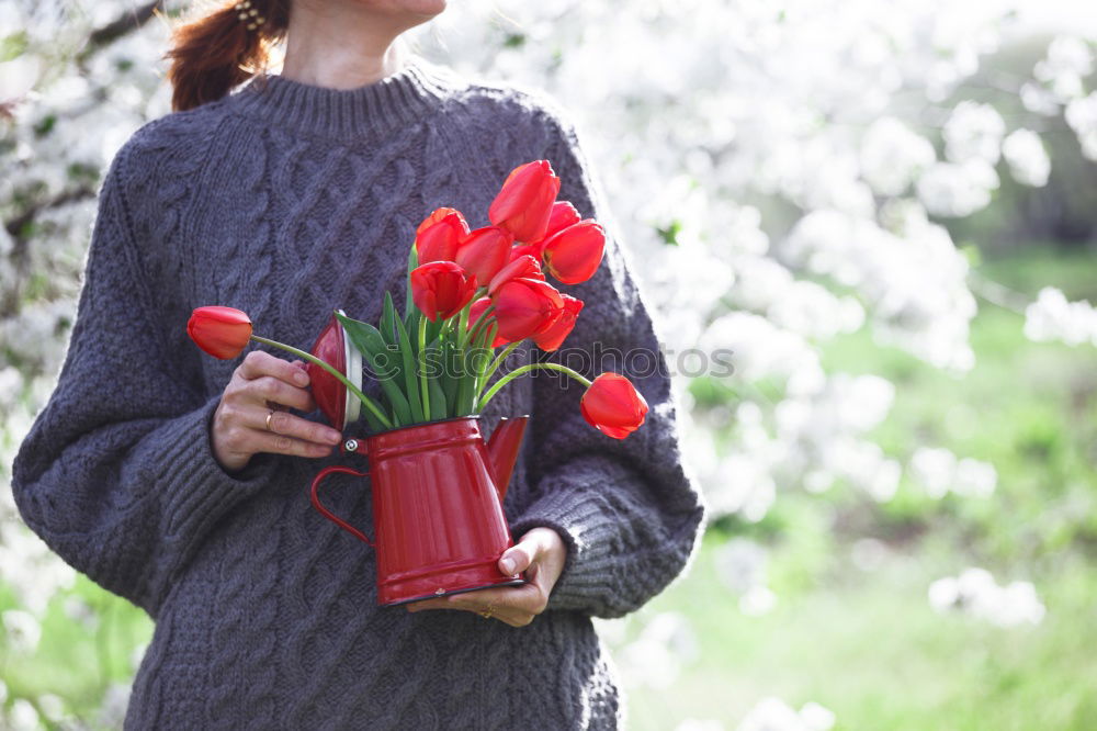 Image, Stock Photo Woman dressed in red sitting on a meadow and looking for something in her handbag