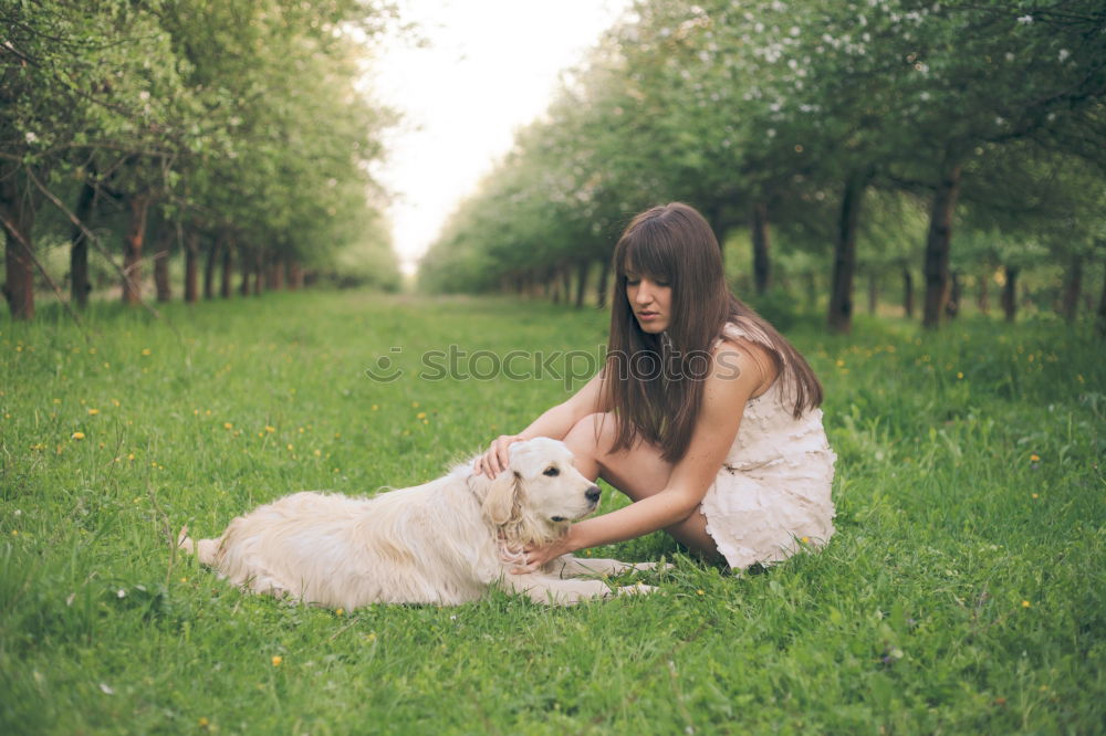 Similar – Image, Stock Photo analog medium format photo: young blond Labrador in forest with tall dark haired woman with wild curls smiling at camera