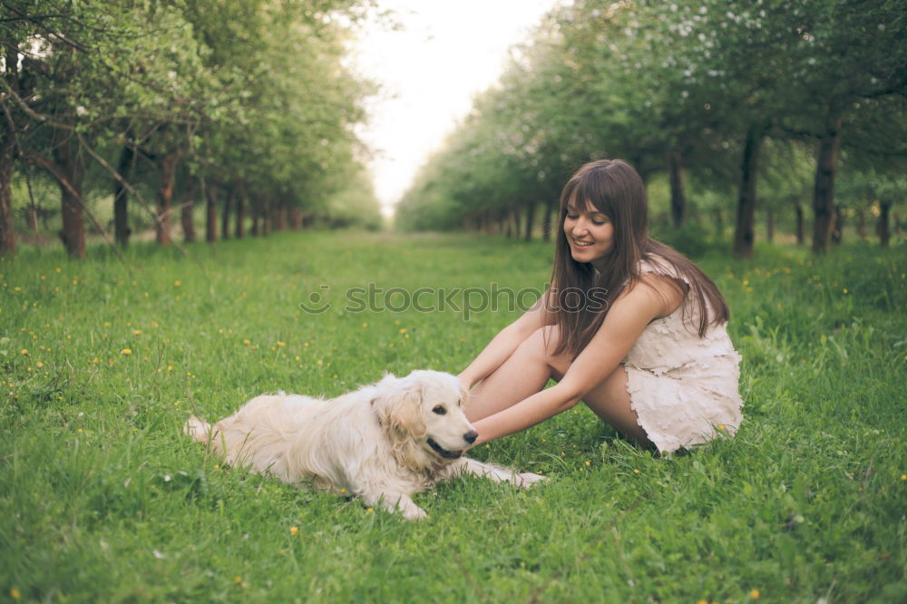 Similar – analog medium format picture of young blond Labrador with young dark haired woman with wild curls in forest in back light