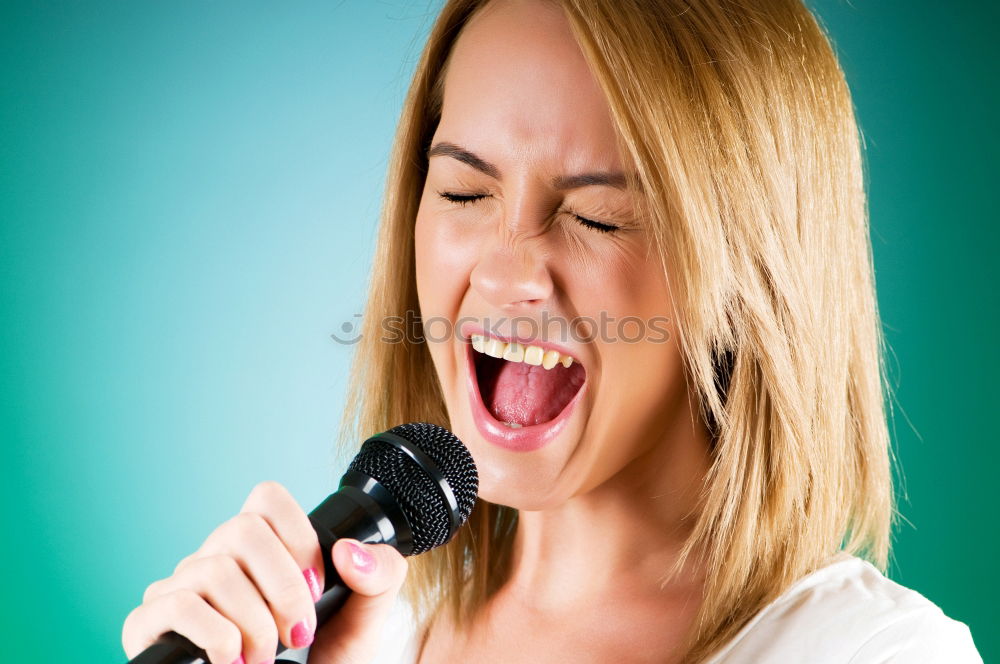 Image, Stock Photo Close up mouth of a schoolchild screaming into a microphone