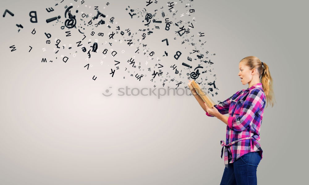 Image, Stock Photo Girl throwing backpack in classroom