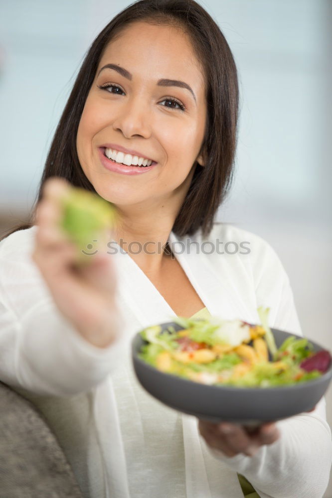 Similar – Image, Stock Photo girl in vegetarian cafe with wrap and smoothie