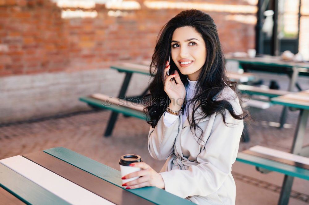 Similar – Image, Stock Photo Happy young woman seating in a restaurant