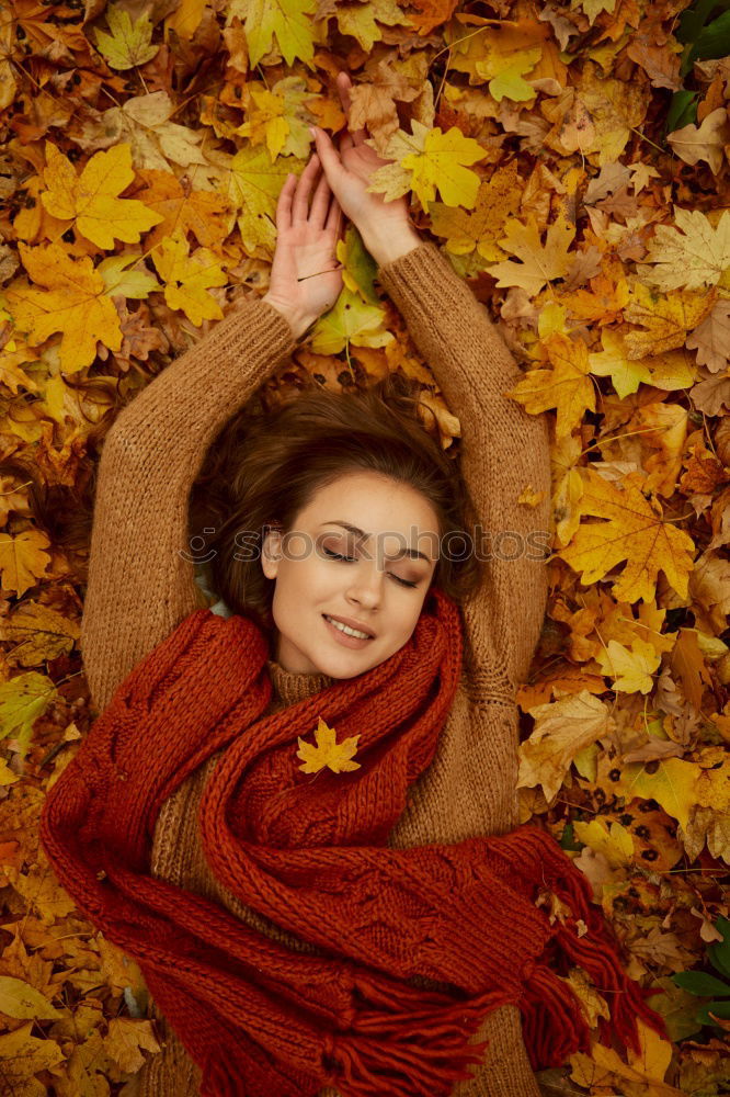 Similar – Image, Stock Photo Young woman lying down in the floor full of autumn leaves