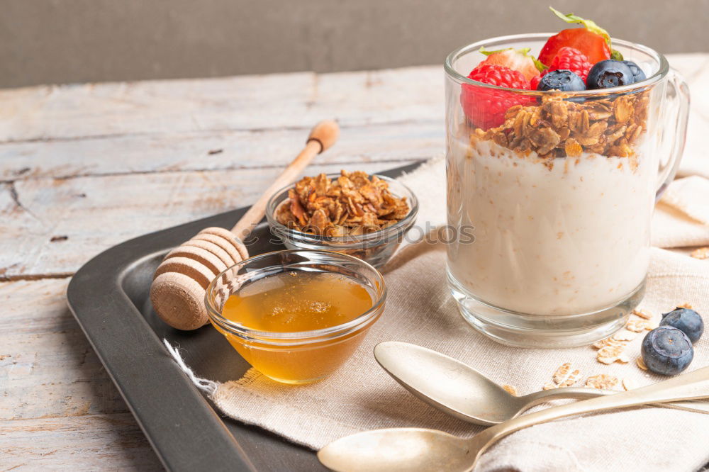 Similar – Image, Stock Photo Chia pudding parfait, layered with banana and granola