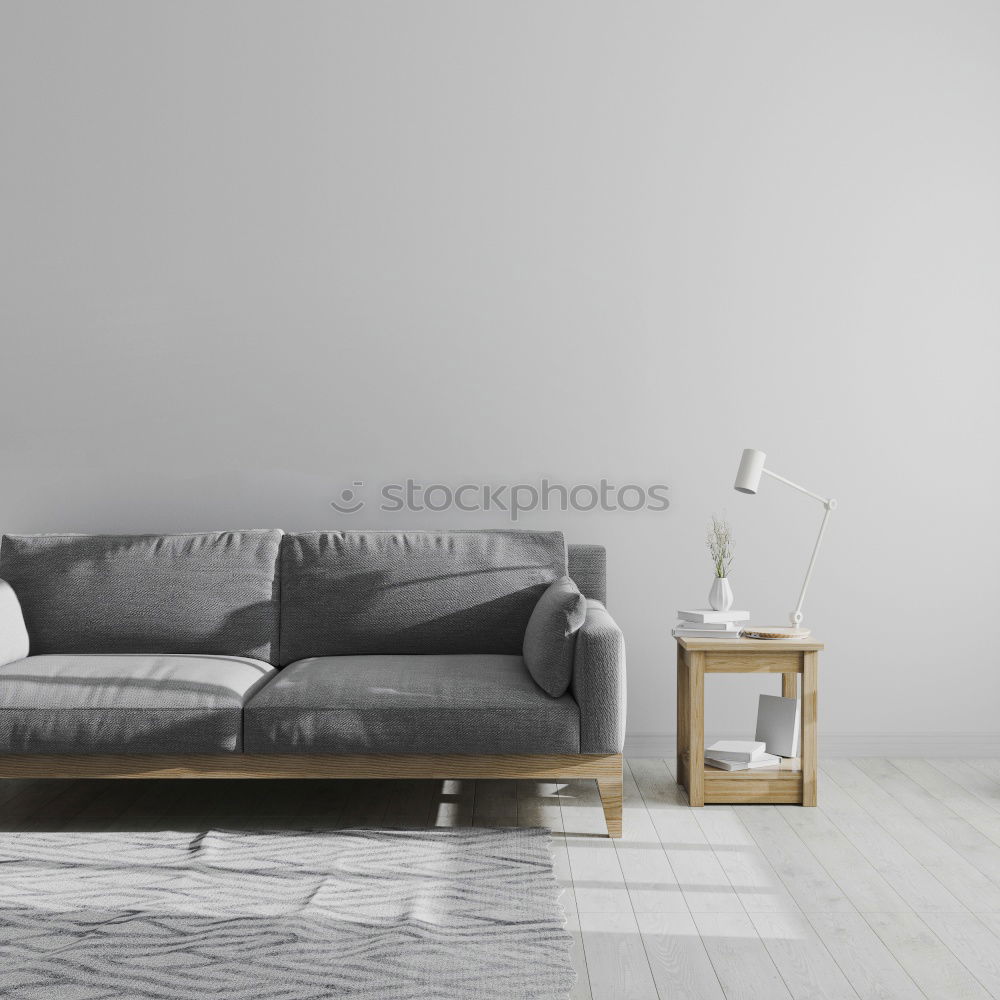 Similar – Stilvolle minimalistische Einrichtung des Wohnzimmers in Grau. Sofa mit Plaid, Stehlampe, beige Teppich und Mockup weißen Rahmen an der Wand