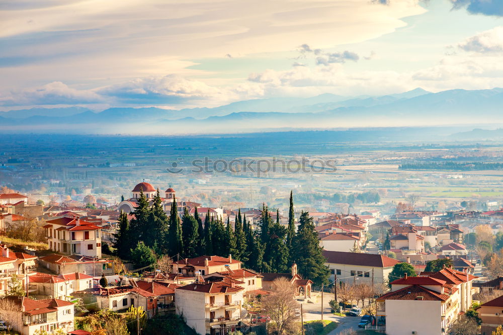 Image, Stock Photo Greek town evening panorama with red roof houses, valley and mountains in the background, Kalambaka, Thessaly, Greece