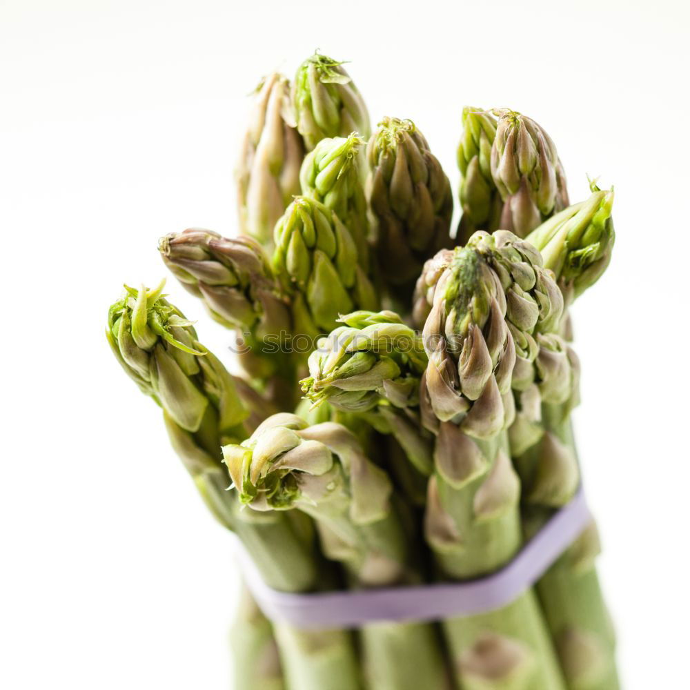 Similar – Image, Stock Photo A portion of green asparagus, freshly harvested from the local field, decorated with a plaid ribbon of cloth, tied together, lies in the light on the table, on a white cloth of linen.