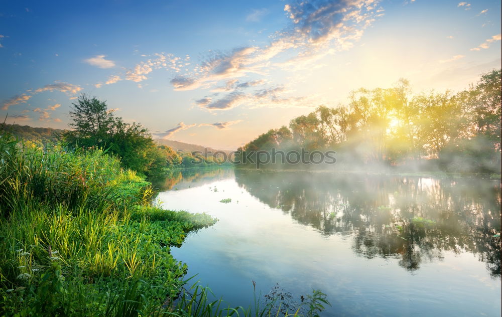 Similar – Image, Stock Photo Summer misty sunrise on the river. Foggy river in the morning