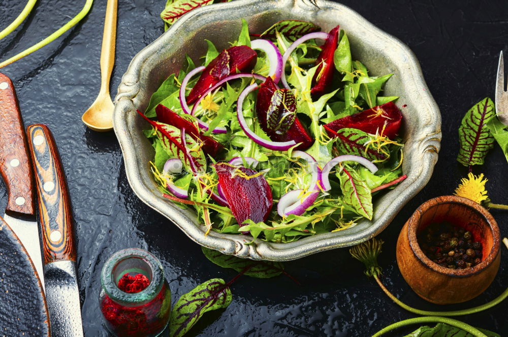 Similar – Green salad with pomegranate, manna croup, onion