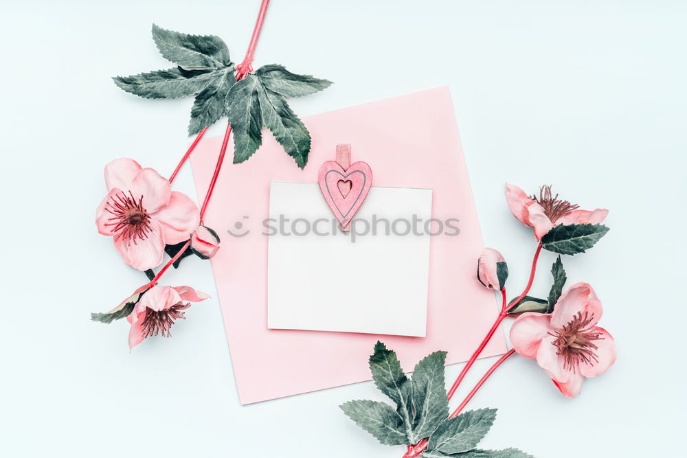 Composition of pink accessories to female holidays: Mothers day , Womens day, birthday or wedding. Paper shopping bag with flowers,paper, party fan and ribbon on white background, top view