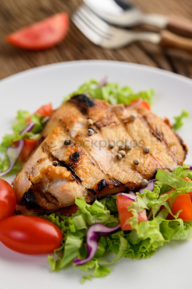 Similar – Image, Stock Photo Chicken salad with pine nuts and olive oil dressing