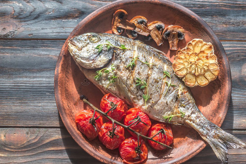 Similar – Image, Stock Photo Roasted salmon and vegetables