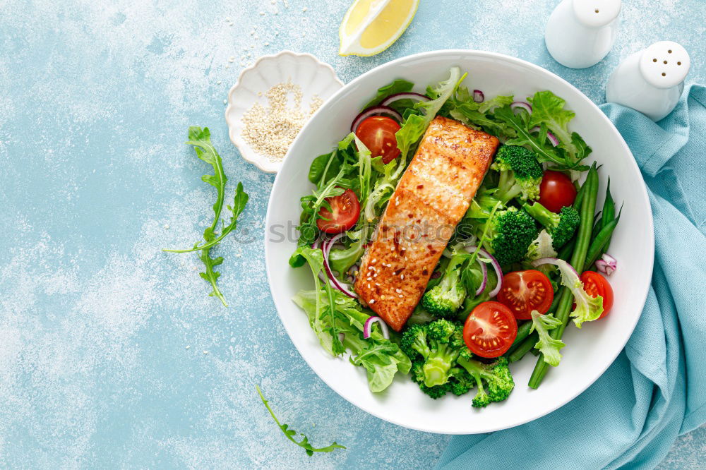 Similar – Fry salmon fillet with dill, lemon, oil and tomatoes