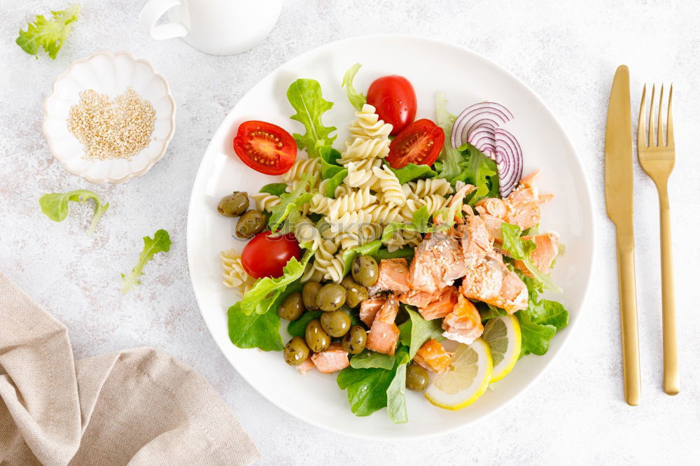 Similar – Image, Stock Photo Chicken salad with green mixed salad leaves