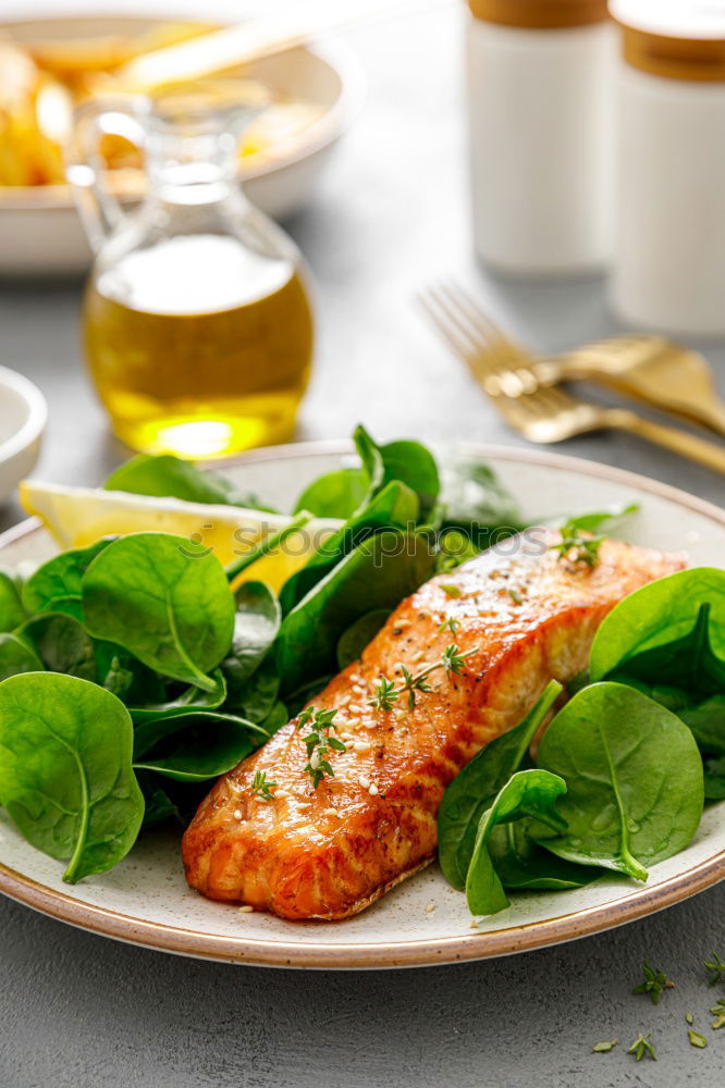 Image, Stock Photo Chicken salad with pine nuts and olive oil dressing