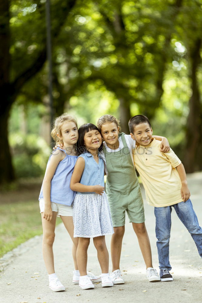 Similar – Image, Stock Photo Three happy children playing in the park at the day time. Concept Brother And Sister Together Forever