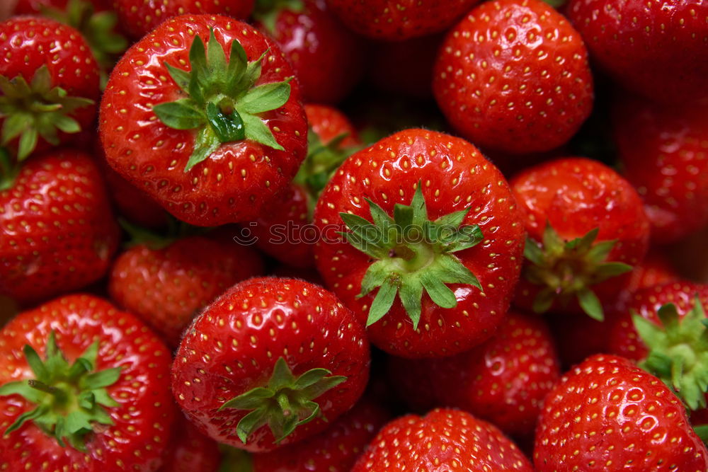 Similar – red strawberries with green stems in sale trays