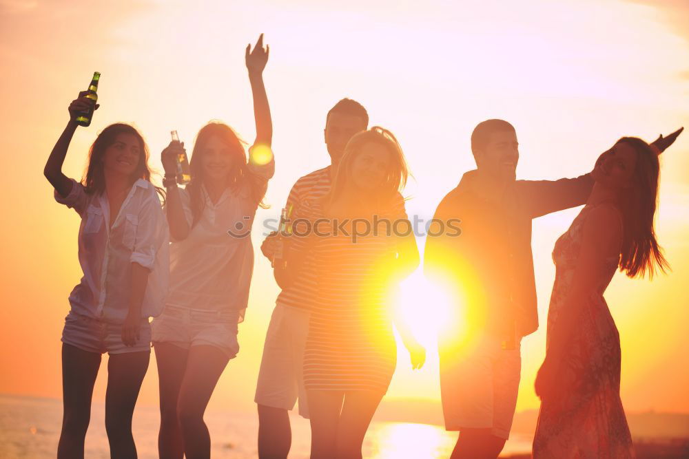 Similar – Image, Stock Photo Group of happy friends celebrating with drinks in sunset