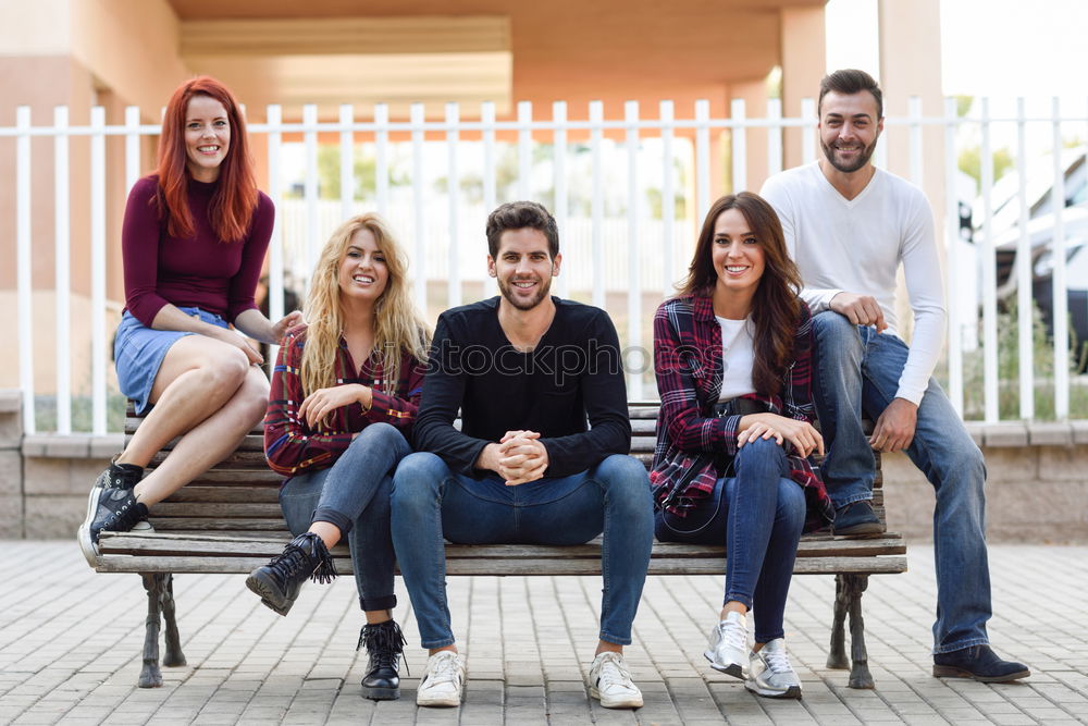 Image, Stock Photo Group of young people together outdoors in urban background.