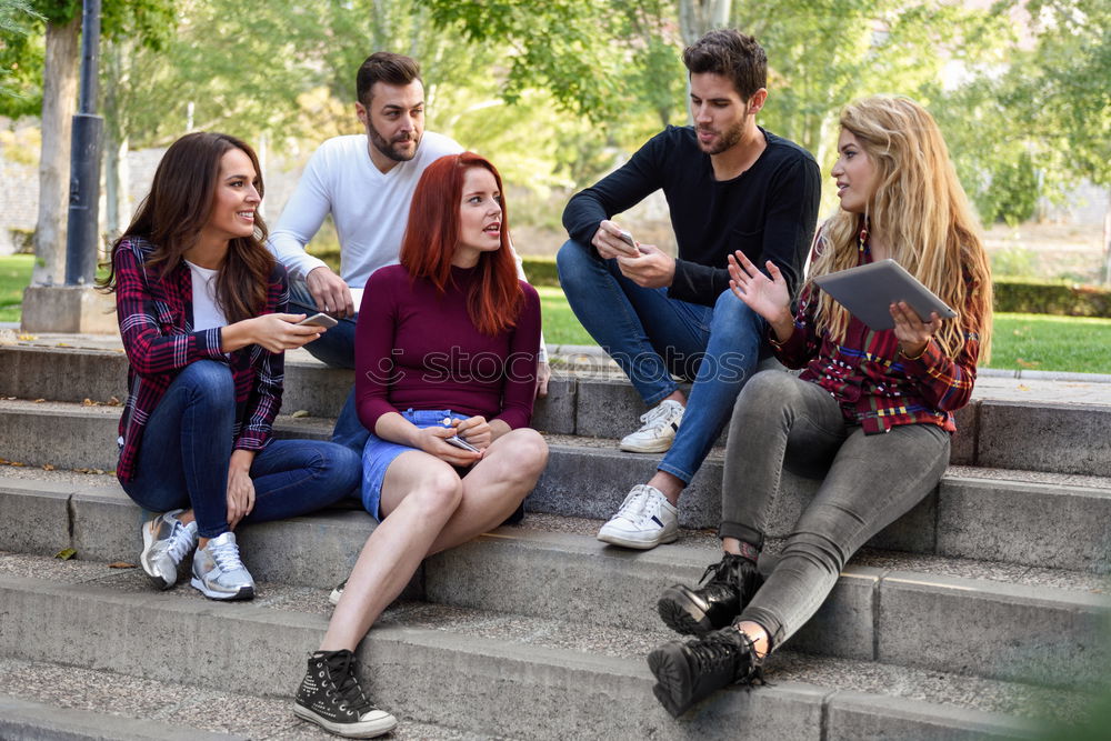 Image, Stock Photo Group of young people with smartphone and tablet computers outdoors