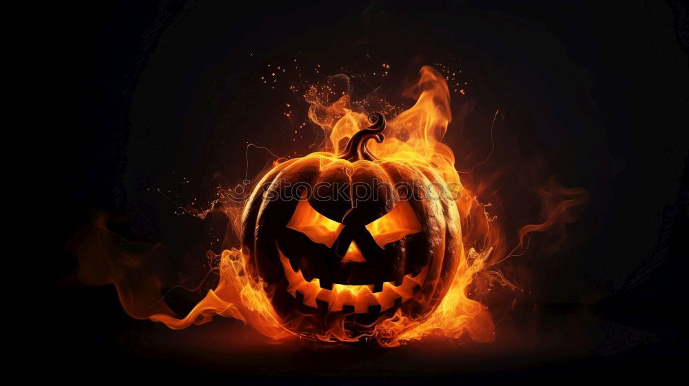 Creepy carved Halloween pumpkin burns in fire flames