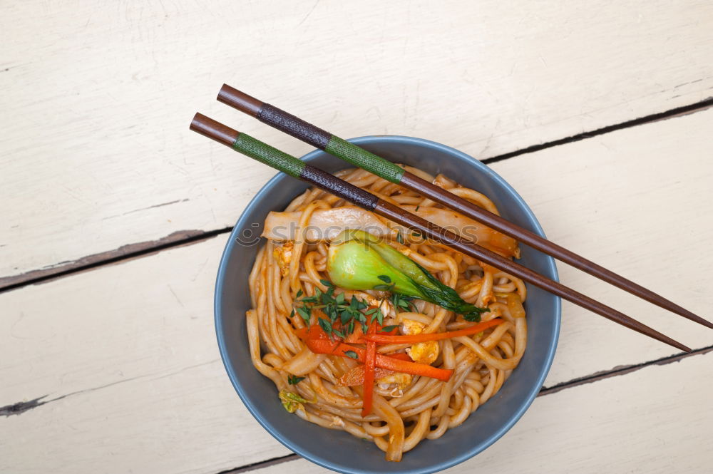 Similar – Image, Stock Photo Modern sustainable food delivery with eco friendly packaging and cutlery. Healthy Asian take away food : salad bowl with salmon on grey concrete kitchen table. Top view.