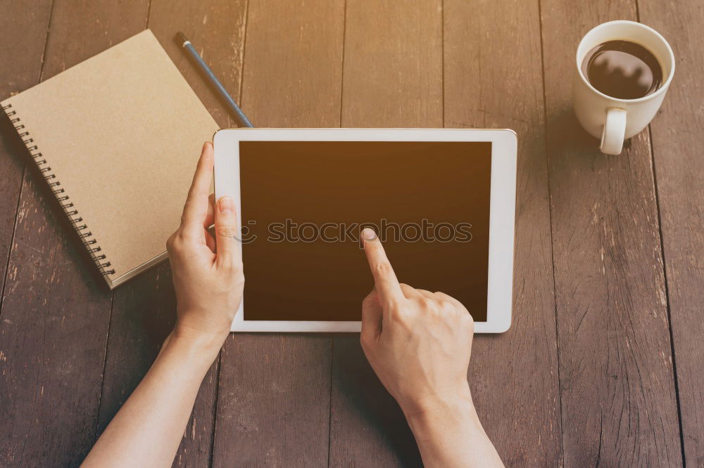 Similar – Image, Stock Photo Close-up shot ofwoman working with tablet computer on sunset and sea background